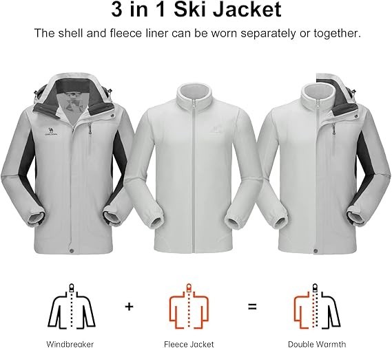 CAMEL CROWN 3 in 1 Ski Jacket Mens 3XL Silver Grey Warm Fleece Waterproof Hooded