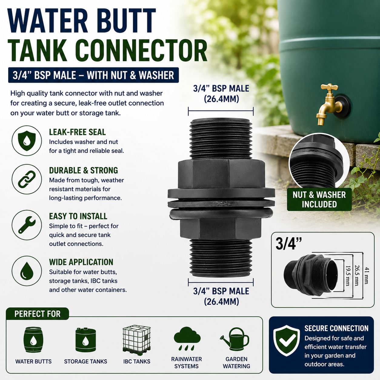 Water Butt Tank Connector 3/4"" BSPM Bulkhead Fitting with Nut and Washer Seal
