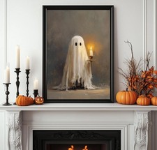 Ghost with candlelight Print. Spooky Halloween Wall Art. Vintage oil painting.
