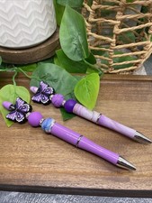2 PC Handmade Silicone Bead Rhinestone Black Ink Pen Set Butterfly New B175