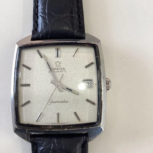 Omega Seamaster Watch Square Case Silver Dial Leather Strap Vintage Japan