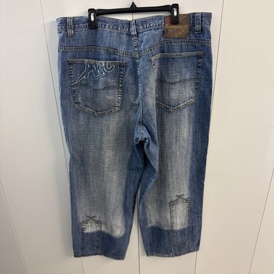 VTG Akcess Mens Jeans Denim Embroidered Patch Wide Baggy Y2K 90s Size 42X32