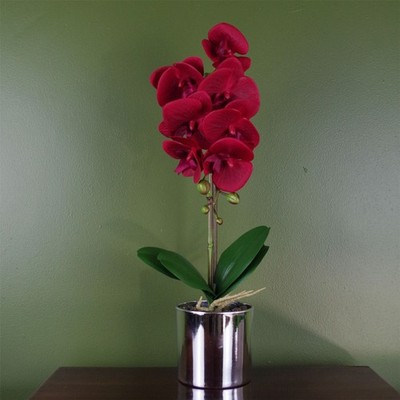 Künstliche Orchidee rot 46cm Kunststoff Topf silber 7 Real Touch Blumen HomeCenterTop
