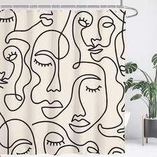 Abstract Face Shower Curtain, 60Wx71H Inch, Minimalist Line Art, Hooks, Decor