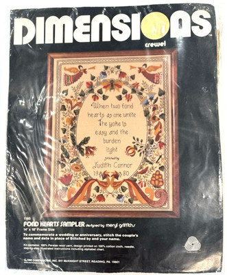 New 1980 Dimensions Crewel Fond Hearts Angel Sampler Meryl Griffiths #1185 14x18