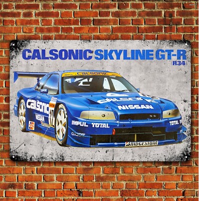 Nissan Calsonic Skyline Gt-r R34 Racing Car Metal Poster 20x30cm Garage Tin Sign