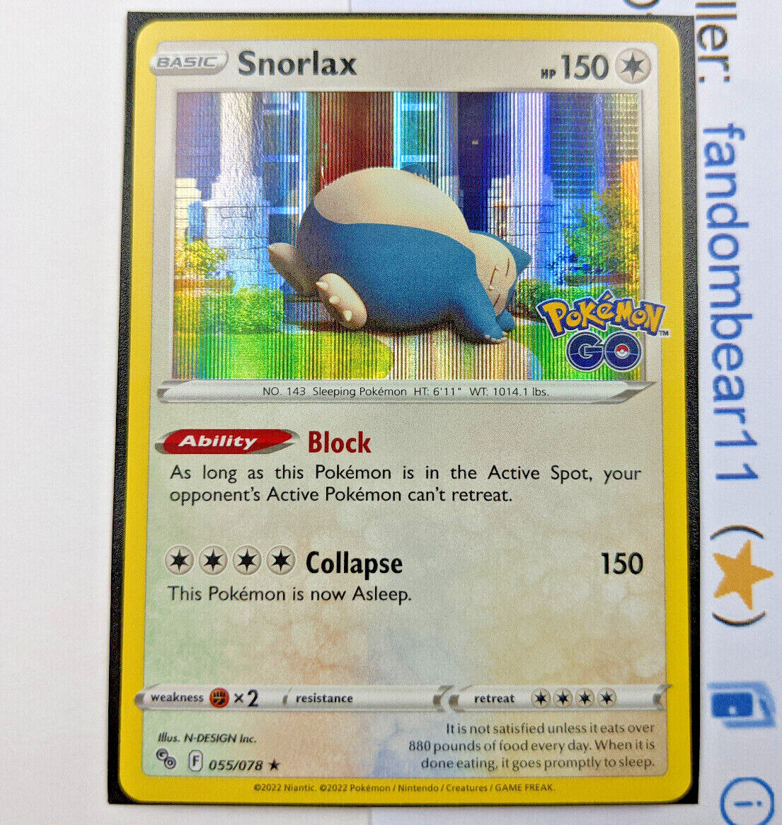 SNORLAX HOLO RARE card 055/078 Sword & Shield Pokemon Go SNORLAX HOLO RARE card 055/078 Sword & Shield Pokemon Go