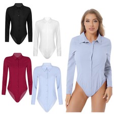 Womens Leotard Blouse Shirt Long Sleeve Bodysuit Casual Costume Slim Fit Top