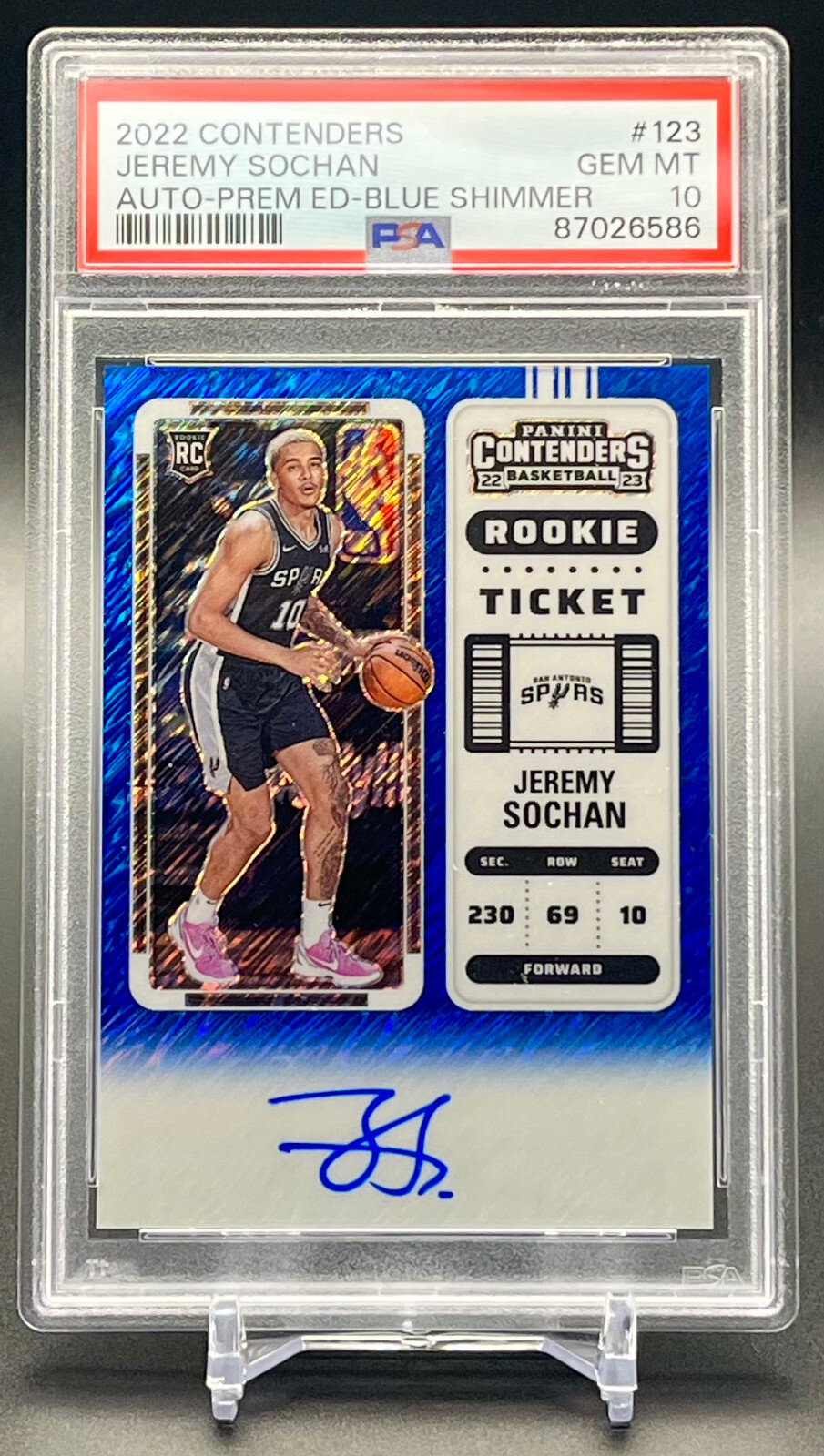2022 Jeremy Sochan Contenders Auto Blue Shimmer /21 PSA 10 RC Rookie Ticket #123