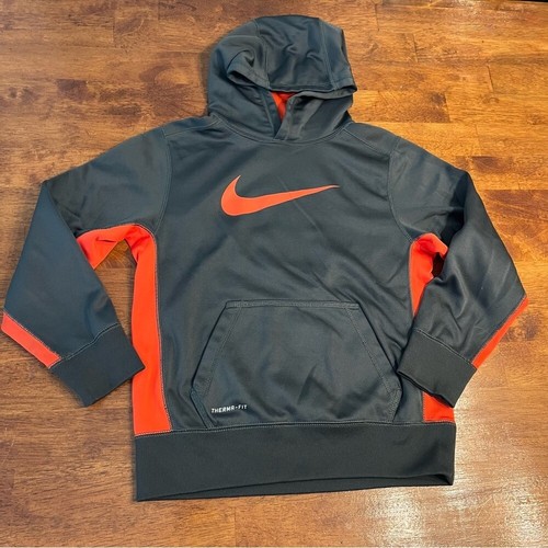Nike swoosh emblem Boys Thermafit hoodie size medium gray orange
