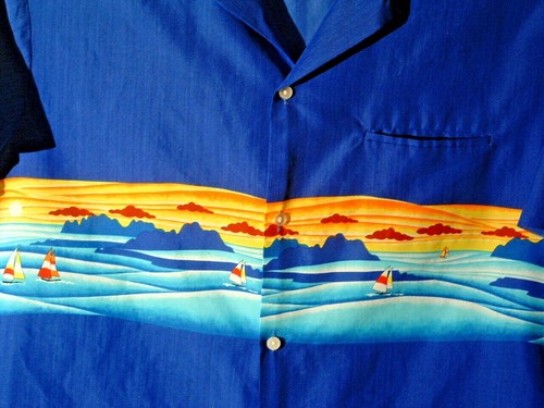 SHORELINE HAWAII, MEN'S SHIRT, XL, MADE IN HAWAII, BLUE, SAILBOATS, POLYESTER - Picture 3 of 8