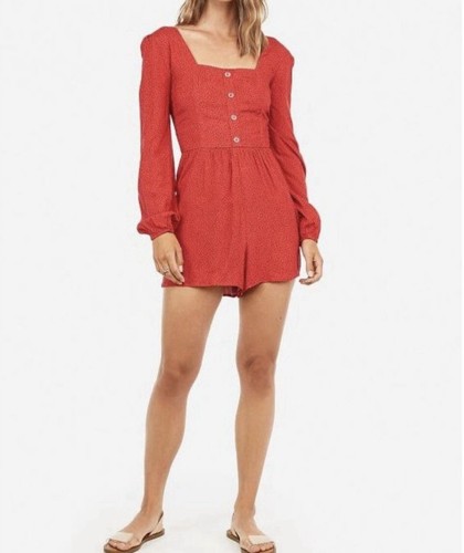 Express Red Polka Dot Print Button Front Romper XXS Smocked Back Long Sleeve - Picture 1 of 16