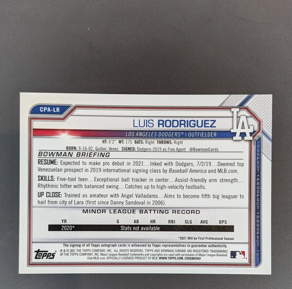 2021 Bowman Chrome Luis Rodriguez Choice Blue Refractor Auto #/150 1ST Bowman - Image 2 of 2