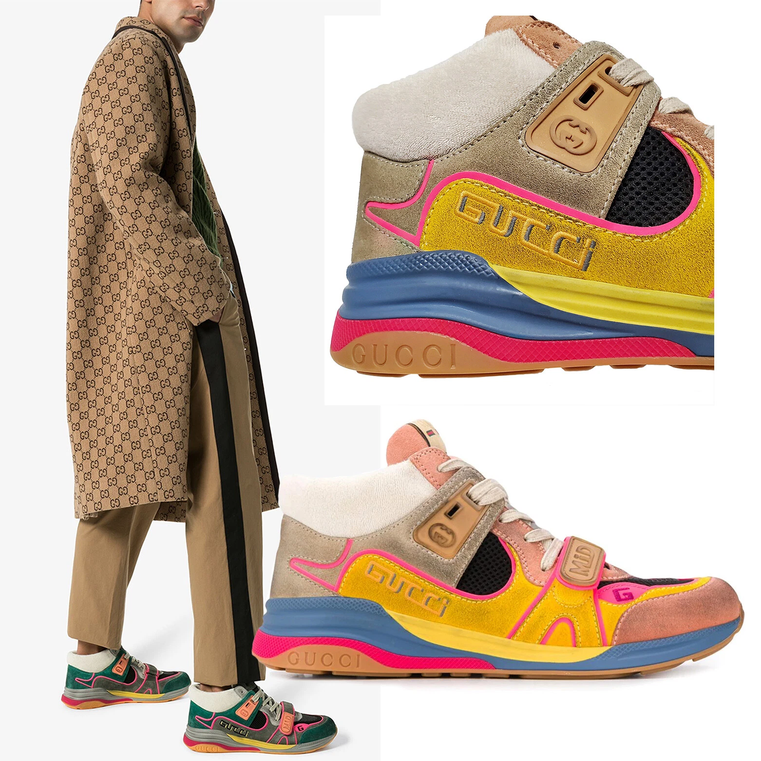 BASKETS GUCCI HOMMES ULTRA ESPACE MI TOP CHAUSSURES EN CUIR avec LOGO taille 7G 7,5 US