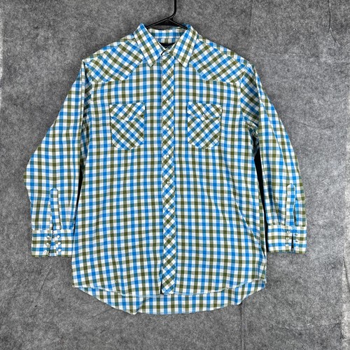 Wrangler Shirt Mens 17 Blue Green Plaid Long Sleeve Pearl Snap Western Cowboy