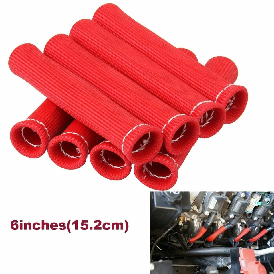 8Pack Red SPARK PLUG WIRE BOOTS HEAT SHIELD PROTECTOR SLEEVE COVER 2500° 6" - Image 4 of 4