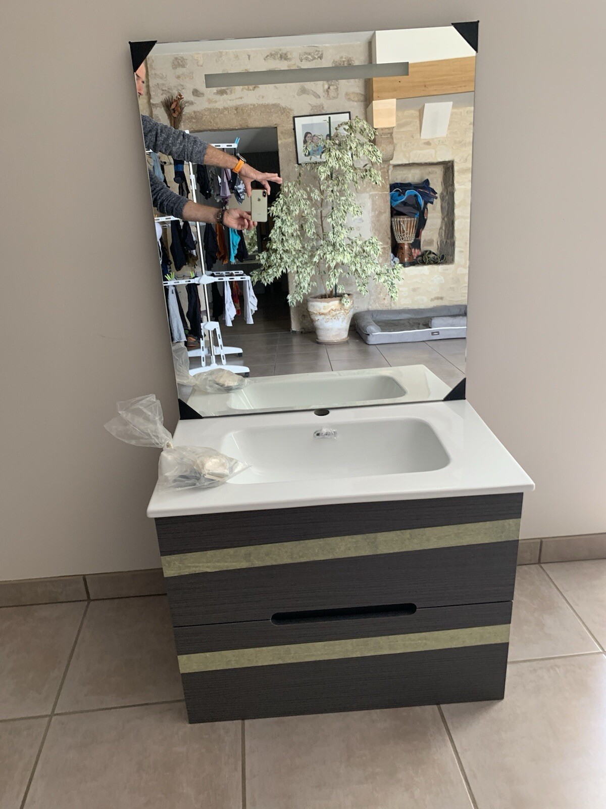 Ensemble meuble salle de bain en bois chêne 80cm avec vasque céramique et miroir