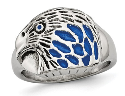 Mens Textured Blue Enamel Eagle Ring in Stainless Steel