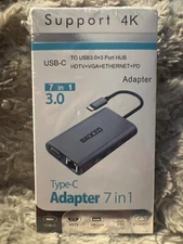 Type - C Adapter 7 in 1 TO USB3.0x3 Port HUB HDTV+VGA+ETHERNET+PD