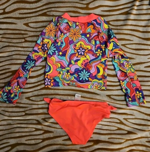 Girls Neon Flowered Retro Long Sleeve 2 Piece Swimsuit Swimshirt Size 7 Meduim - Picture 4 of 4
