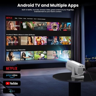 Sunys Mini Proiettore con Android TV 9.0, 4K/1080P Smart Proiettore con WiFi e Bluetooth, 12000 L, Proiettore Portatile per Telefono con Treppiede e Borsa per il Trasporto, per Interni/Esterni