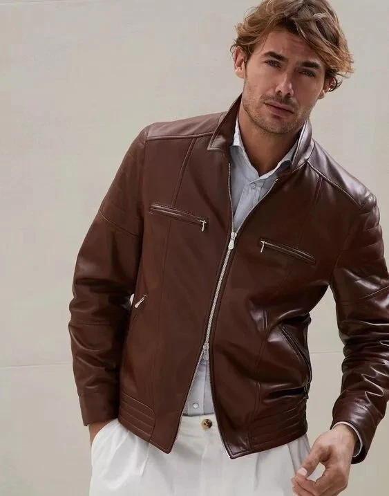 New Brown Leather Jacket Men Biker Moto Pure Lambskin Slim Size S M L XL XXL-297