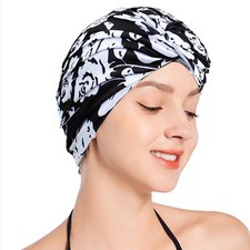 Women Lady Girls Bathing Cap Long Short Hair Swiming Cap Pleated Knotted Turb...