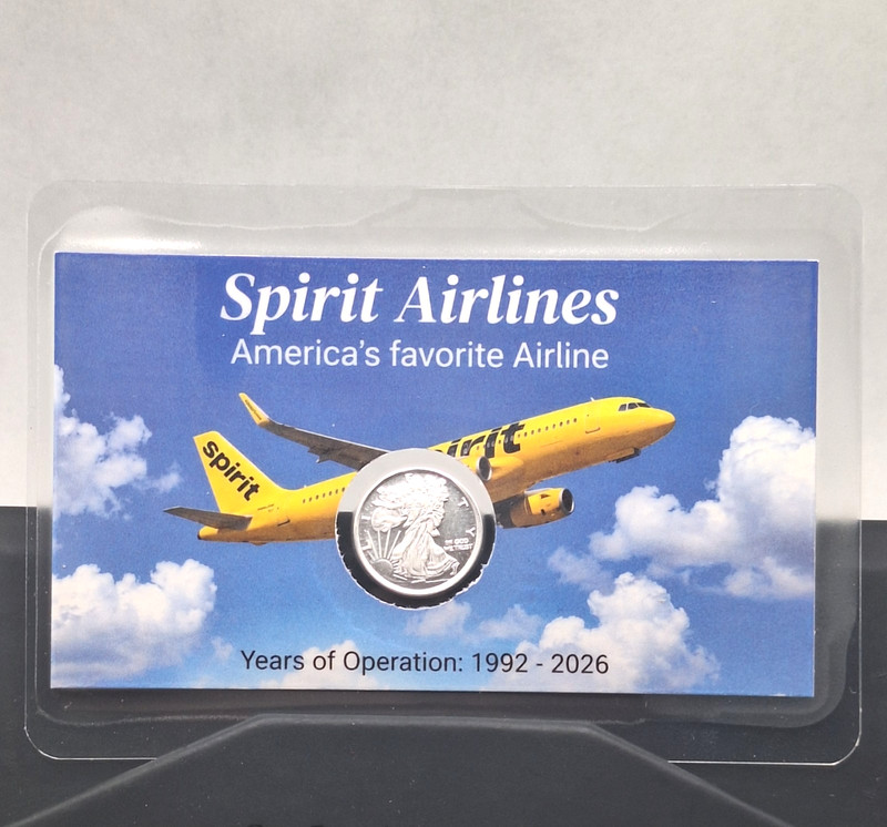 Spirit Airlines Tribute Card w/ Genuine 1g .999 Fine Silver Walking Round