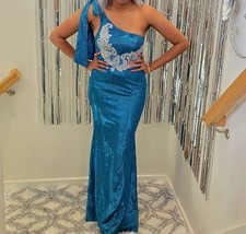 Blue Sequin One Shoulder Maxi Dress Bow Accent Sleeveless Formal Long
