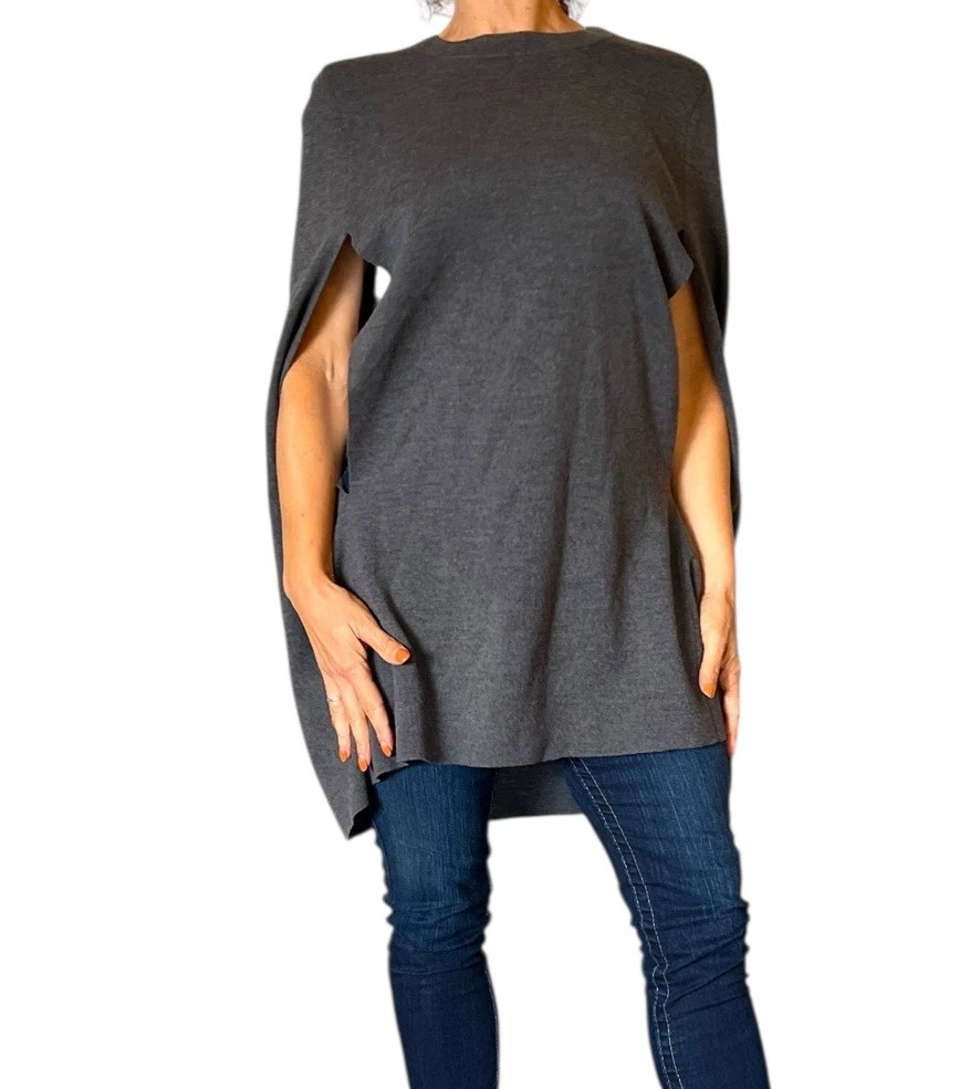 DKNY DONNA KARAN NEW YORK WOOL GRAY SLEEVELESS PONCHO CAPE PULLOVER SWEATER P/S