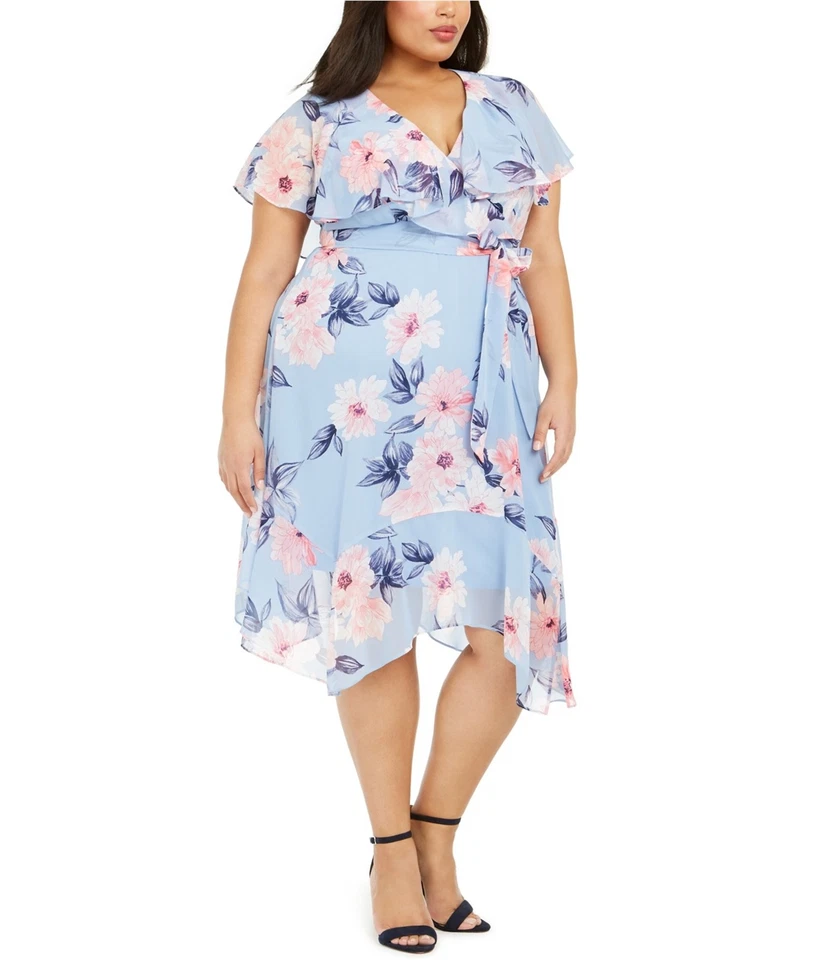 Jessica Howard Womens Floral Midi Dress, Blue, Plus Size, 14W - Image 1 of 1