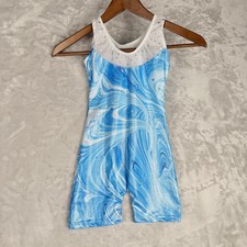 Kids Girls Blue Swirl Sparkle Mesh Gymnastics Leotard Dance Unitard Size 130