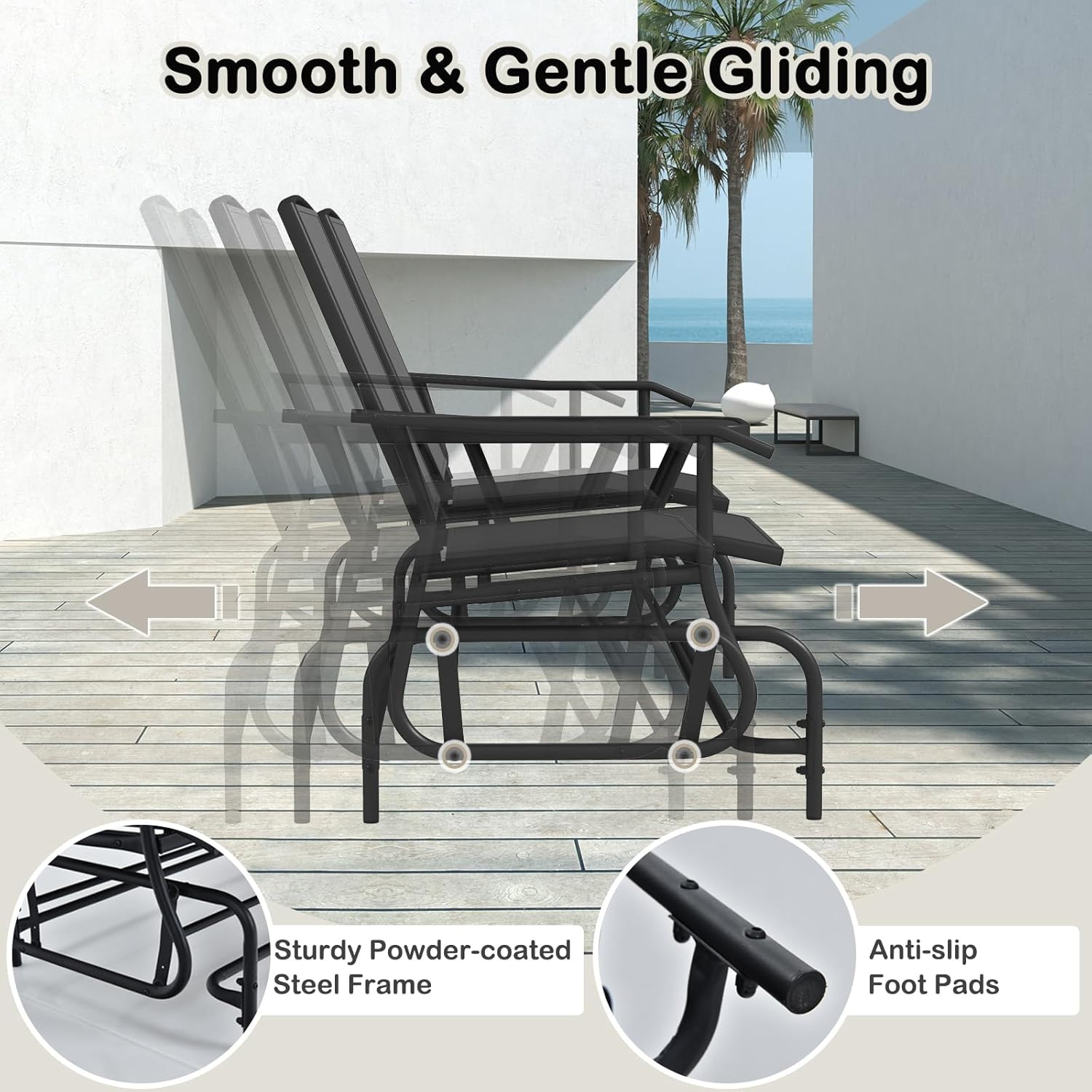2 Person Swing Glider Chair, Patio Rocking Loveseat W/Center Tempered Glass Tabl