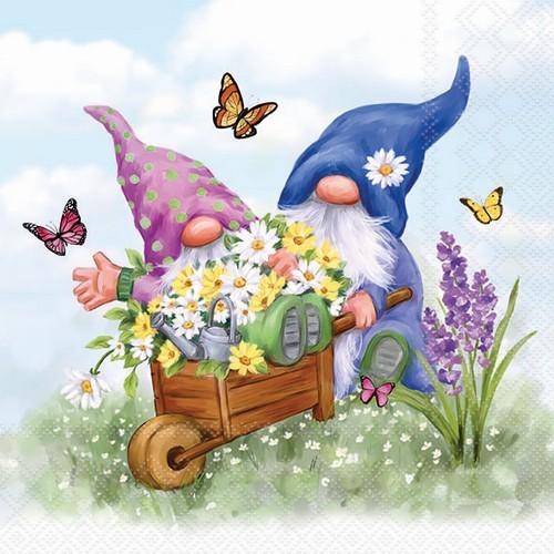 20 Servietten Gardening Gnomes Wichtel Schubkarre Blumen Garten Natur 33X33Cm-image