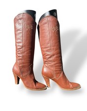 Vintage 70s Dingo Heeled Wood Stacked Leather Tarracotta Cowgirl Tall Boots 6.5