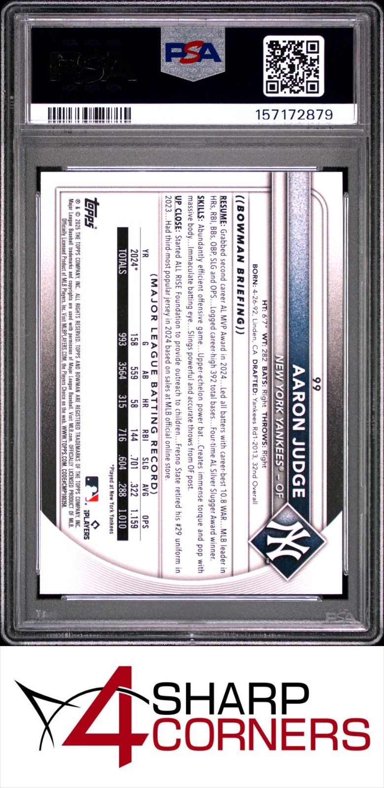 2025 BOWMAN #99 AARON JUDGE YANKEES PSA 10 view 2