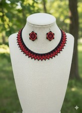 Handmade Black Red Beaded Choker Necklace Earrings Boho Tribal Jewelry Gift Set