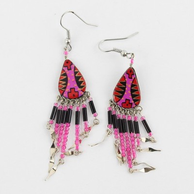 Handmade Pink & Red Southwestern-Style Beaded Fringed Teardrop Dangle Earrings