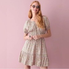 JCrew Cinched waist puff-sleeve dress scattered blooms Pink Green floral small