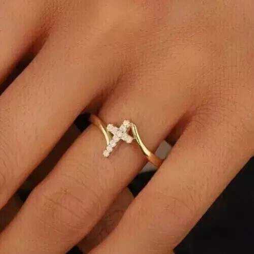 Round Cut 0.50Ct Lab Created Diamond Women's Cross Ring 14K Yellow Gold Plated