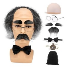 7Pcs Old Man Wigs Costume for Adults, Bald Cap with Hair On The Sides Black