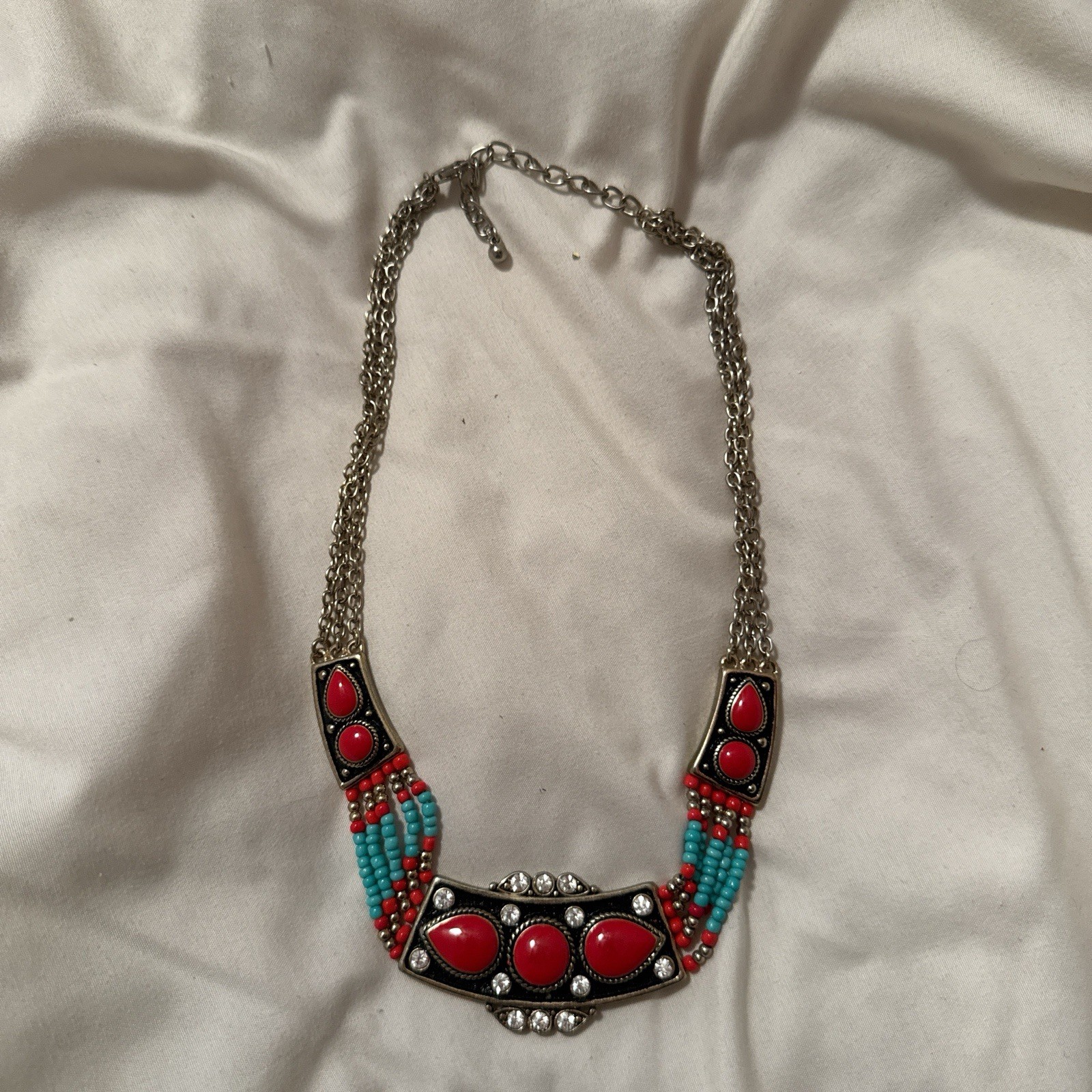 Red Turquoise Silver Beaded Statement Ethnic Neck… - image 1