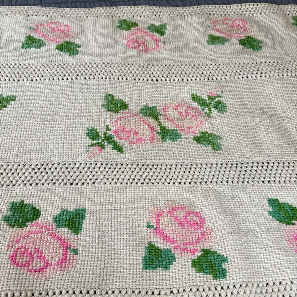 Manta afgana de lana rosa punta de aguja de ganchillo de colección 67x37 rosa marfil casa de campo Foto 2 de 4