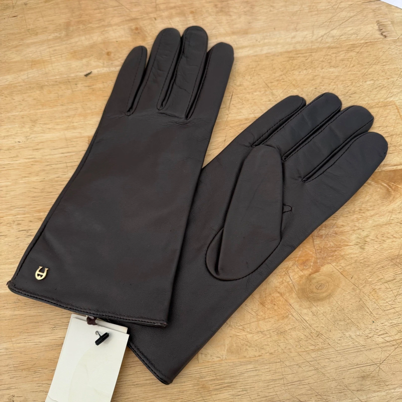 Etienne Aigner Womens Large Dark Brown Leather Cashmere Lined Gloves Gold Logo