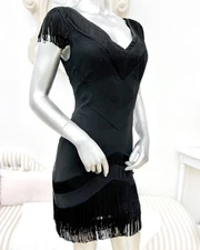 Karen Millen divine  100% silk little black mini dress with tassels 10 *VGC*