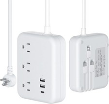 Travel Power Strip with 3 Built-in Cables, Flat Plug Extension Cord with 3 ou...