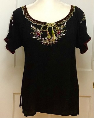 Forbidden Peasant Top SzM Black Boho Floral Embroidery Dia De Los Muertos