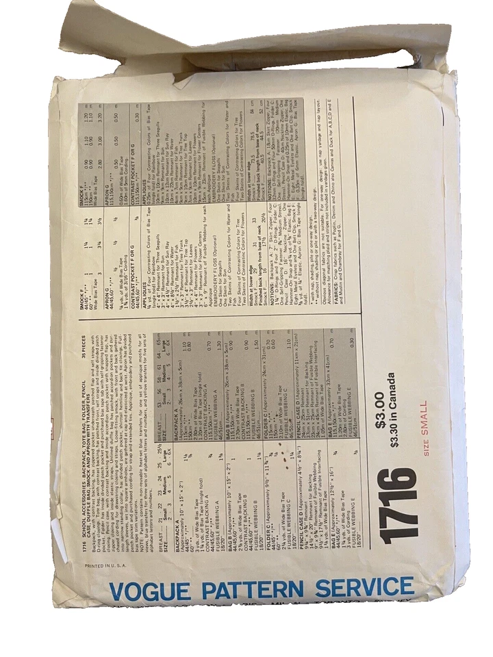 Sewing Pattern Vogue #1716 Children School Accessories Size Small Vt 1980s Uncut - Image 2 of 3