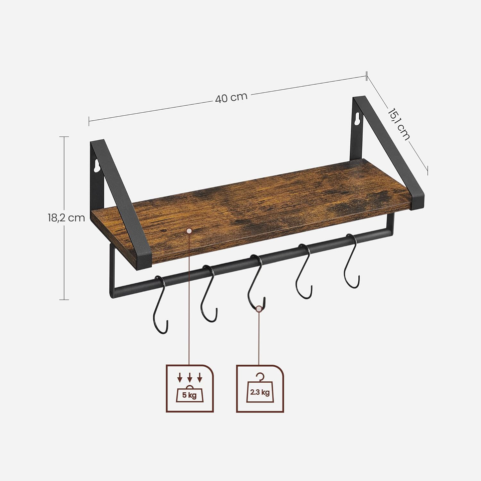 Rustic Floating Shelf with Hooks, Wall Storage for Kitchen, Bedroom