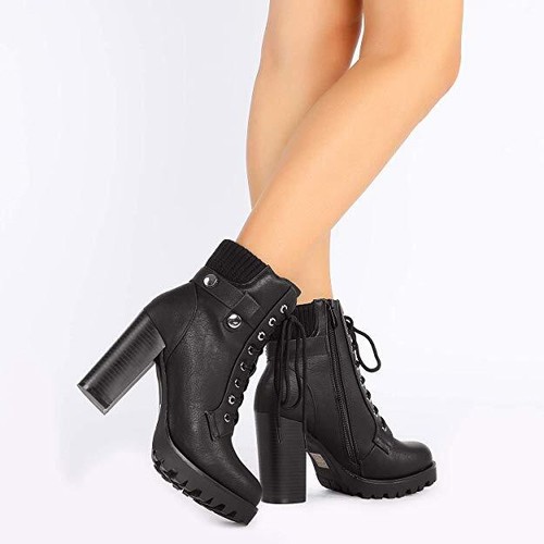 Women's Lace Up Chunky High Heel Ankle Booties Side Zipper Fashion Boots - Picture 9 of 20